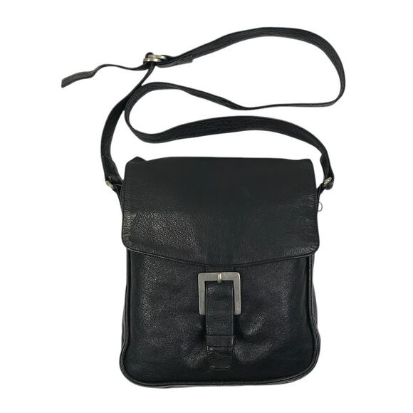 KENNETH COLE Reaction Buckle Up Leather Messenger Bag Black Travel Work Everyday - Picture 1 of 11